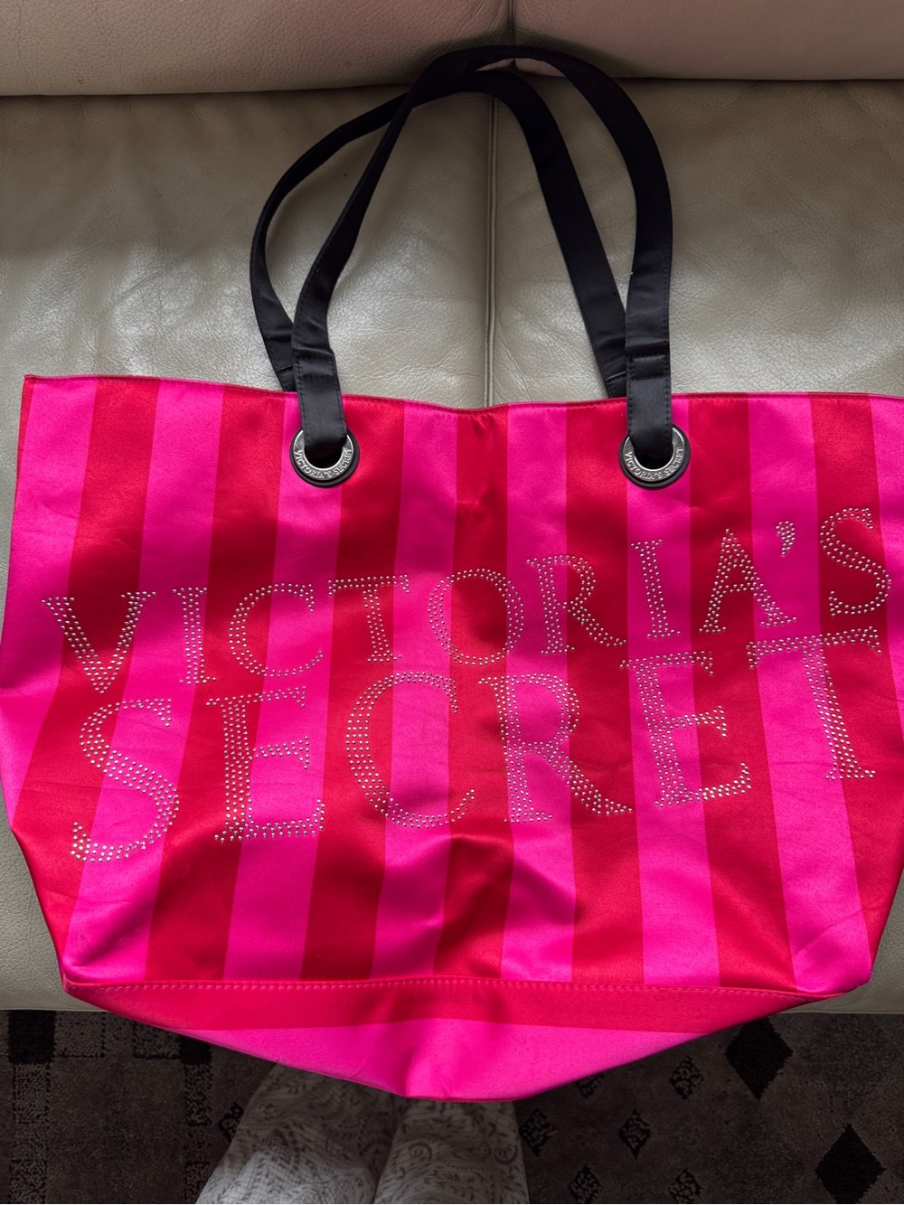 Victoria's Secret Red and Pink Striped Overnight Beach Tote Bag